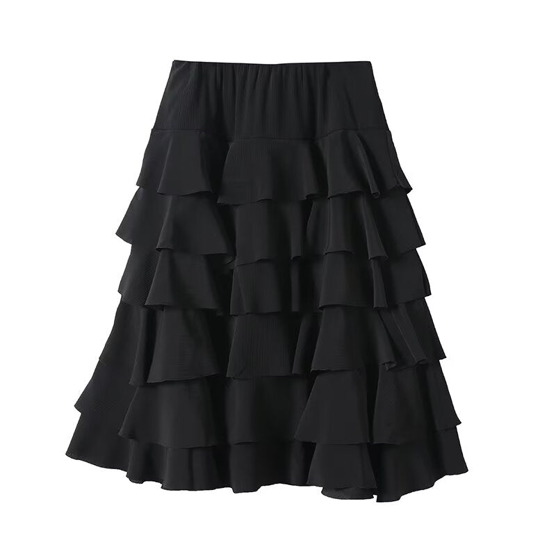 Women's black draped ruffle edge MIDI skirt