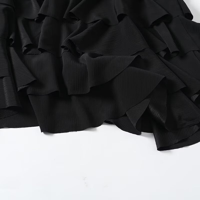 Women's black draped ruffle edge MIDI skirt